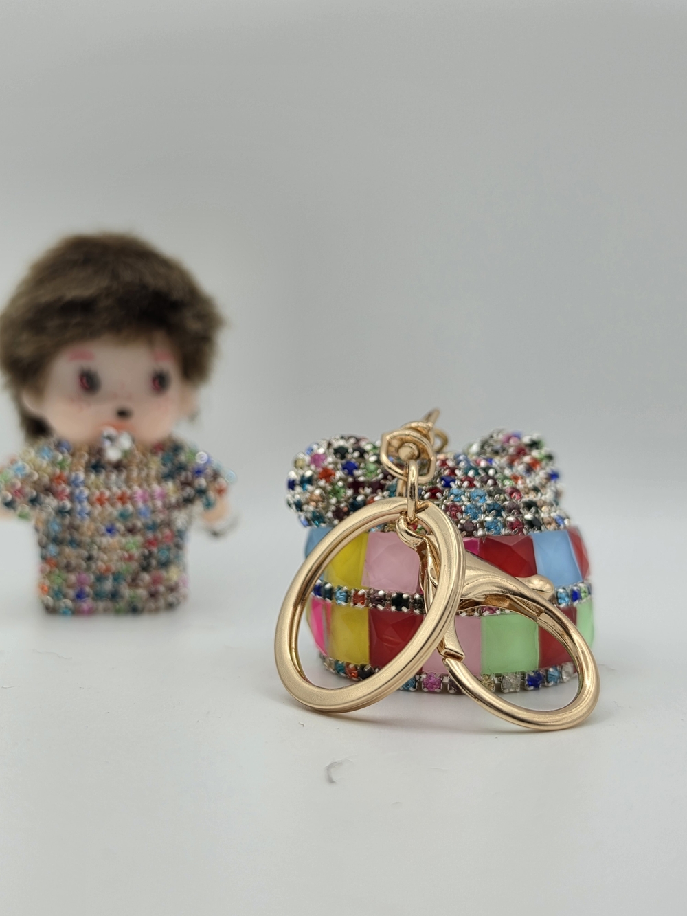 Multicolor Mosaic Enamel Key & Card Holder Charm with Gold Rings